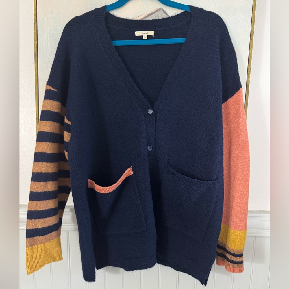 BISCUIT Navy Orange Colorblock Cardigan In Wool Blend Size Small